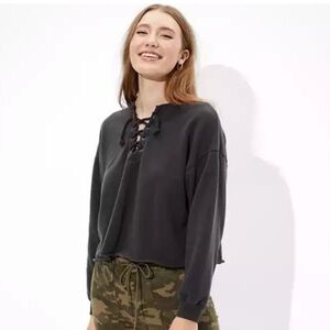 American Eagle Fleece Cropped Lace Up Sweatshirt